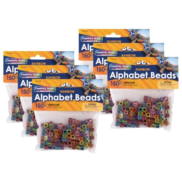 Creativity Street® Alphabet Beads, Assorted Rainbow Colors, 6 mm, 150 Per Pack, 6 Packs