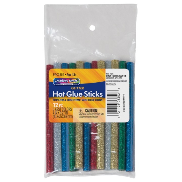 Creativity Street® Hot Glue Sticks, 6 Assorted Glitter Colors, 4" x 0.31", 12 Pieces