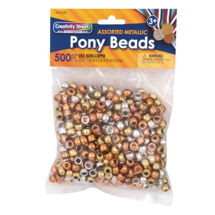 Creativity Street® Pony Beads, Gold, Silver & Copper, 6 mm x 9 mm, 500 Count