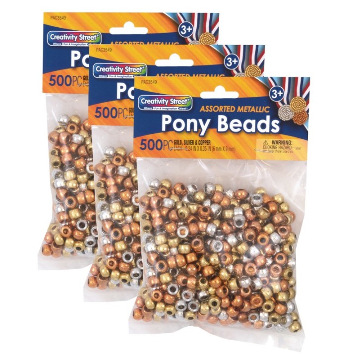 Creativity Street® Pony Beads, Gold, Silver & Copper, 6 mm x 9 mm, 500 Per Pack, 3 Packs