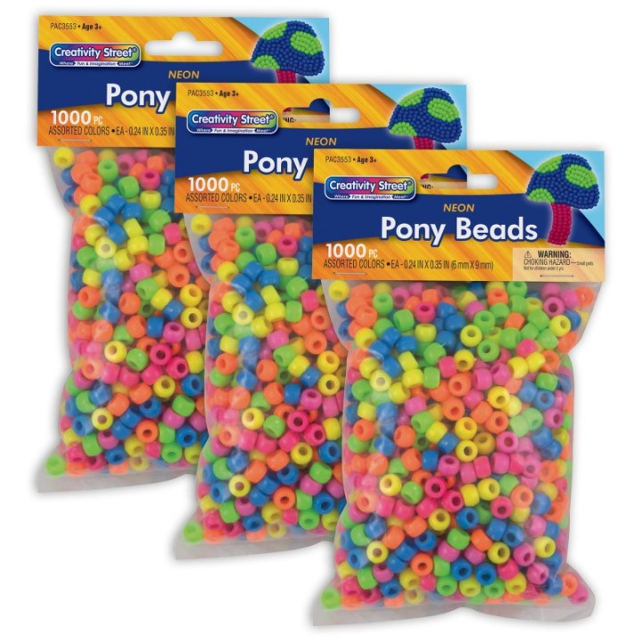 Creativity Street® Pony Beads, Assorted Neon, 6 mm x 9 mm, 1000 Per Pack, 3 Packs