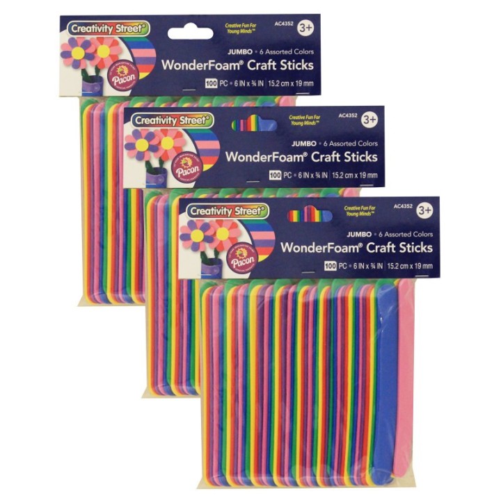 Creativity Street® WonderFoam® Jumbo Craft Sticks, Assorted Colors, 6" x 3/4", 100 Per Pack, 3 Packs