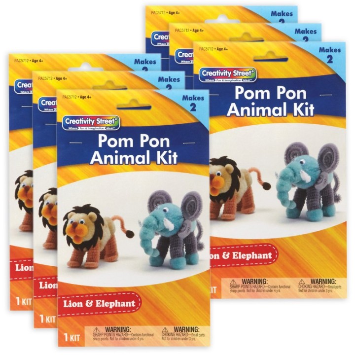 Creativity Street® Pom Pon Animal Kit, Lion & Elephant, Assorted Sizes, 2 Animals Per Kit, 6 Kits