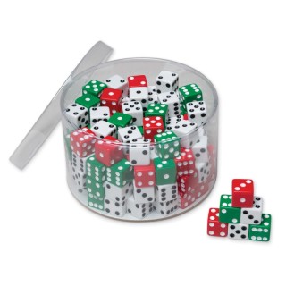 Creativity Street® Drum of Dice, Assorted Red, Green & White, 0.625" x 0.625", 144 Pieces