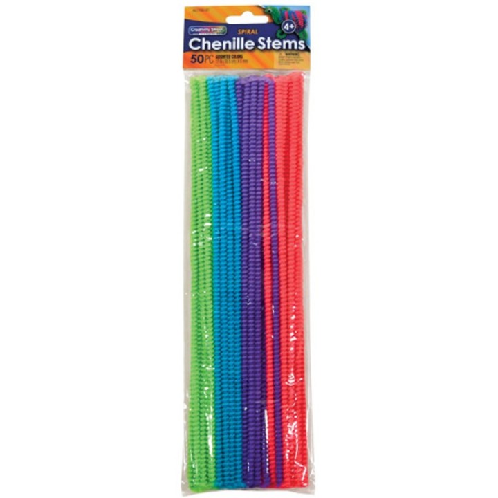 Creativity Street® Spiral Chenille Stems, Assorted Colors, 12" x 6 mm, 50 Pieces