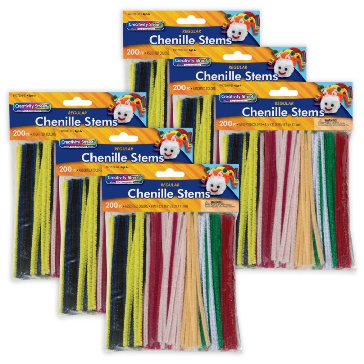 Creativity Street® Regular Stems, Assorted Colors, 6" x 4 mm, 200 Pieces Per Pack, 6 Packs