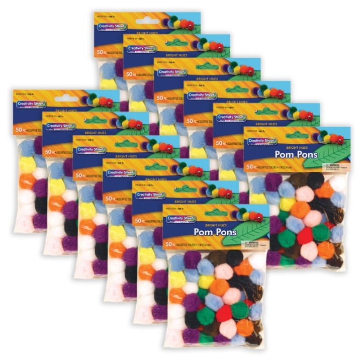 Creativity Street® Pom Pons, Bright Hues, 1", 50 Per Pack, 12 Packs
