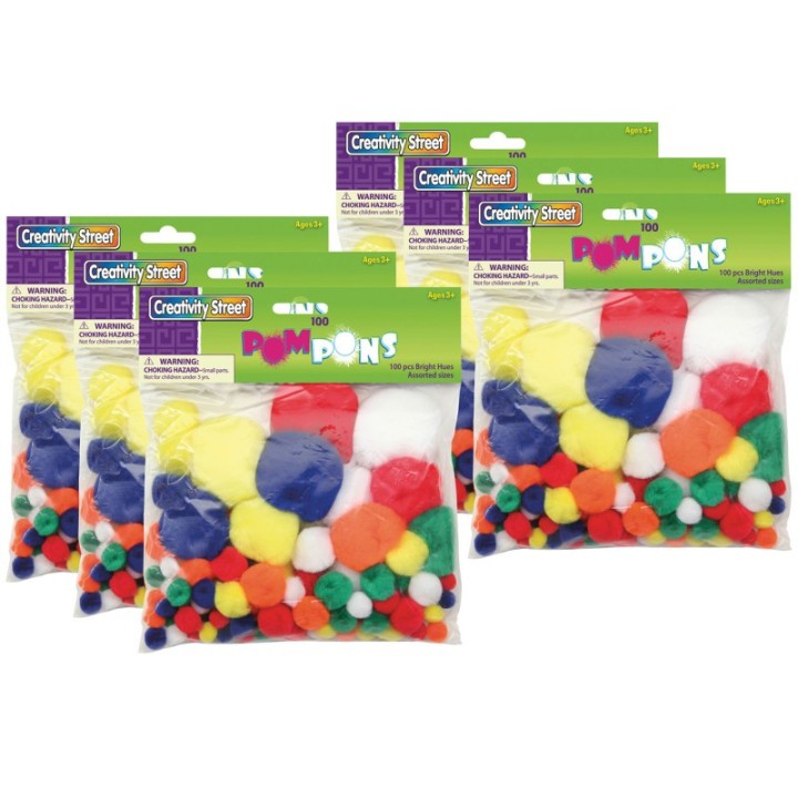 Creativity Street® Pom Pons, Bright Hues, Assorted Sizes, 100 Per Pack, 6 Packs