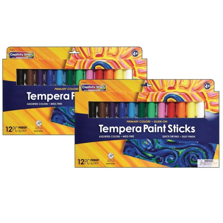 Creativity Street® Glide-On Tempera Paint Sticks, 12 Assorted Primary Colors, 5 grams, 12 Per Pack, 2 Packs