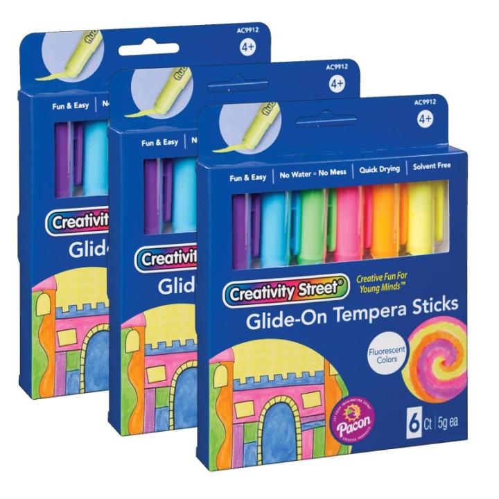 Creativity Street® Glide-On Tempera Paint Sticks, Fluorescent Colors, 5 grams, 6 Per Pack, 3 Packs