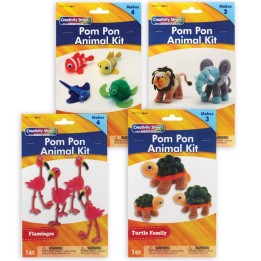 Creativity Street® Pom Pon Animal Craft Kits, Ocean, Turtle, Flamingos, Lion & Elephant, 4 Kits