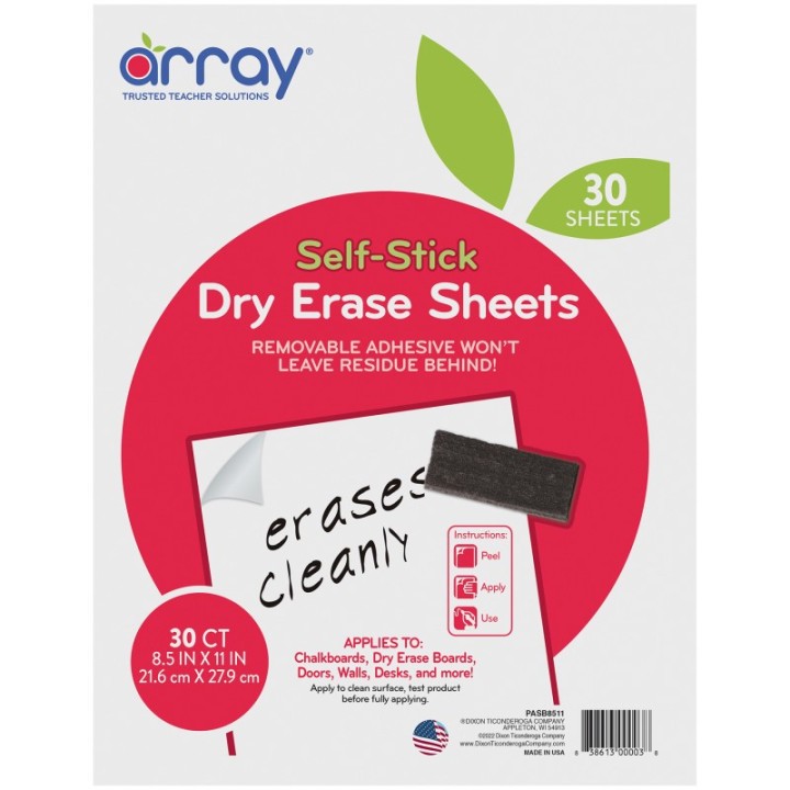 Array® Dry Erase Sheets, Self-Adhesive, White, 8-1/2" x 11", 30 Sheets