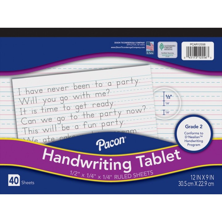 Pacon® Handwriting Tablet, White, 1/2 in x 1/4 in x 1/4 in Ruled Long, 12" x 9", 40 Sheets