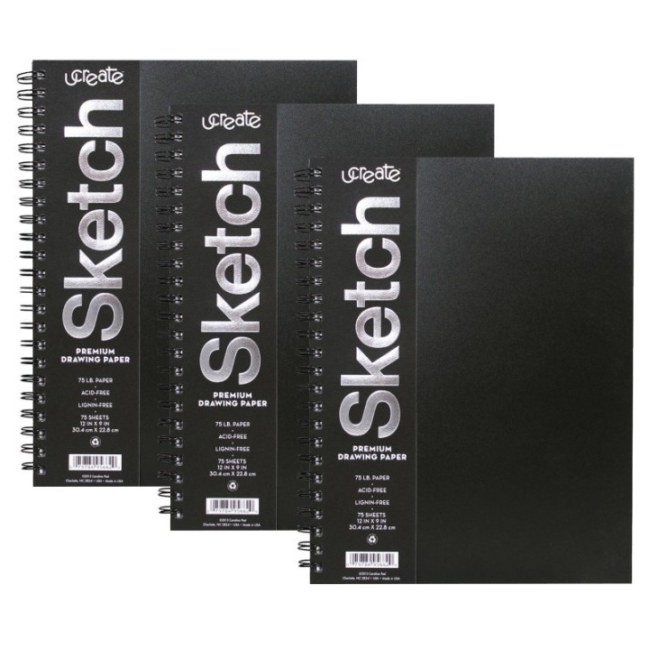 UCreate® Poly Cover Sketch Book, Heavyweight, 12" x 9", 75 Sheets, Pack of 3