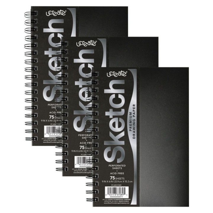 UCreate® Poly Cover Sketch Book, Heavyweight, 9" x 6", 75 Sheets, Pack of 3