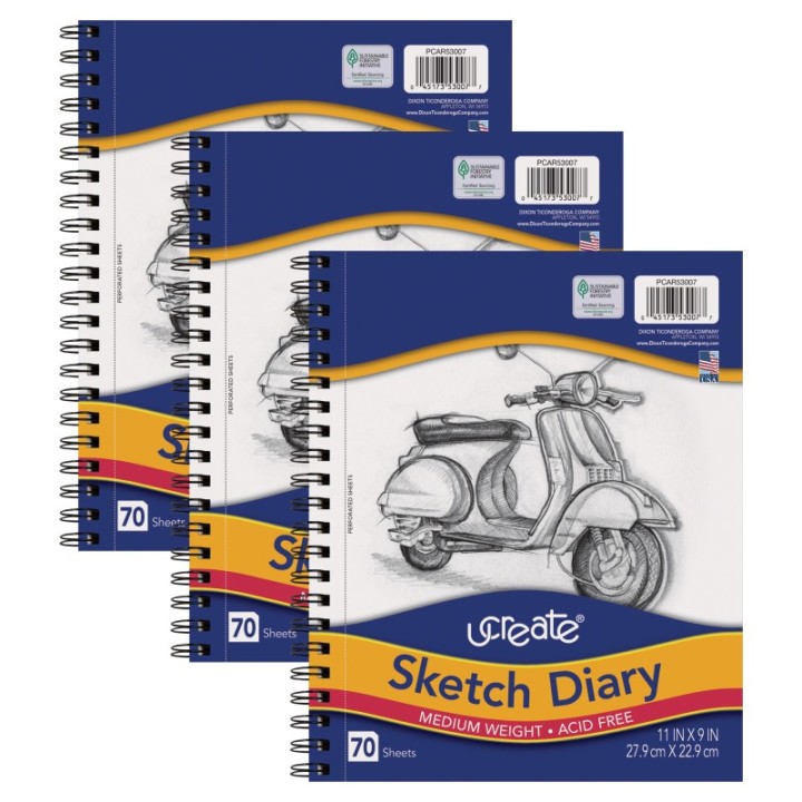 UCreate® Sketch Diary, Medium Weight, 11" x 9", 70 Sheets, Pack of 3