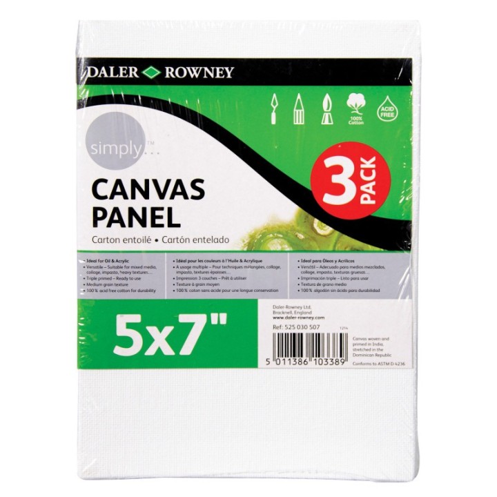 Daler-Rowney Simply White Canvas Panels Set, 5" x 7", 3-Pack
