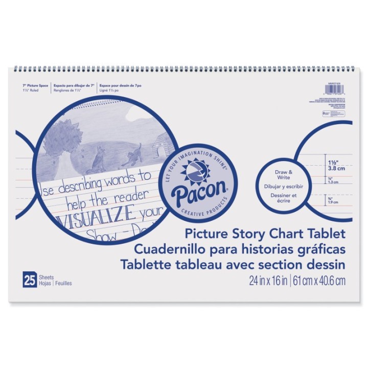 Pacon® Picture Story Chart Tablet, White, Ruled Long, 1-1/2" Ruled, 24" x 16", 25 Sheets