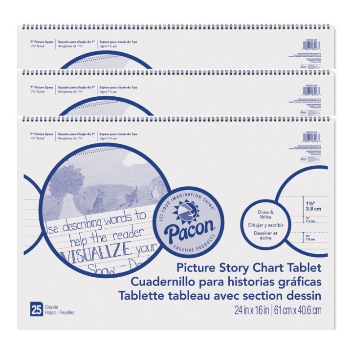 Pacon® Picture Story Chart Tablet, White, Ruled Long, 1-1/2" Ruled, 24" x 16", 25 Sheets, Pack of 3