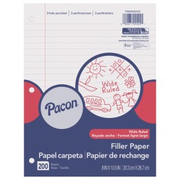 Pacon® Filler Paper, White, 3-Hole Punched, Red Margin, 3/8" Ruled, 8" x 10.5", 200 Sheets