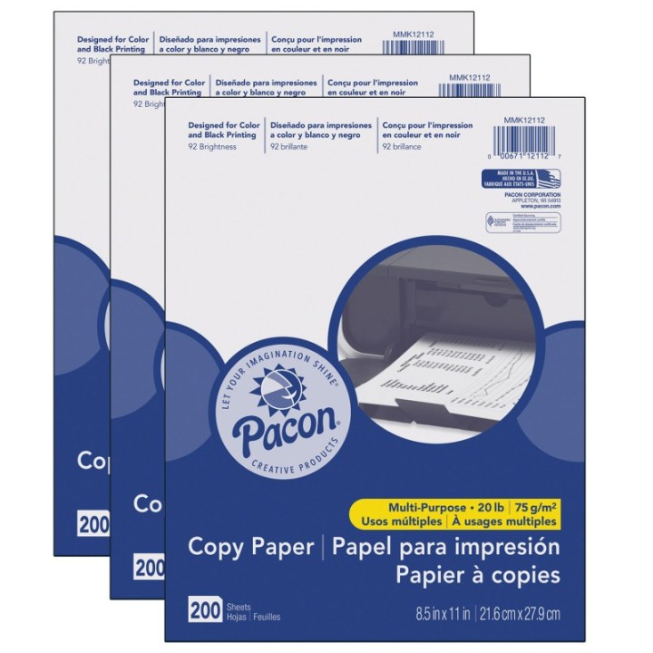 Pacon® Multi-Purpose Paper, White, 20 lb., 8-1/2" x 11", 200 Sheets Per Pack, 3 Packs