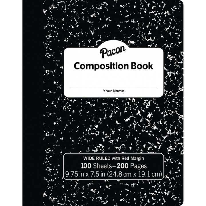 Pacon® Composition Book, Black Marble, 3/8" Ruled w/Margin, 9-3/4" x 7-1/2", 100 Sheets