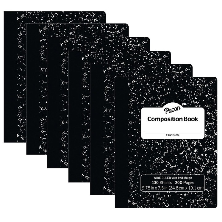 Pacon® Composition Book, Black Marble, 3/8" Ruled w/Margin, 9-3/4" x 7-1/2", 100 Sheets Per Book, Pack of 6