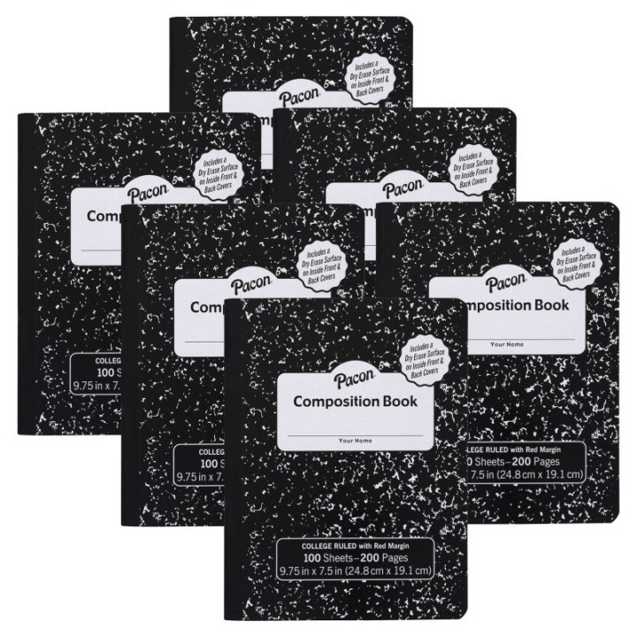 Pacon® Composition Books with Dry Erase Surfaces, Black Marble, 3/8" Ruled w/Margin , 100 Sheets/200 Pages, Pack of 6