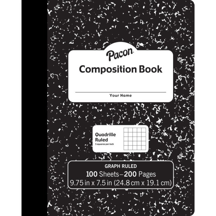 Pacon® Composition Book, Black Marble, 1/5" Quadrille Ruled, 9-3/4" x 7-1/2", 100 Sheets