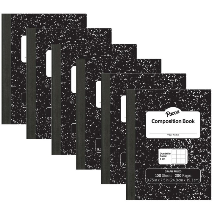 Pacon® Composition Book, Black Marble, 1 cm Quadrille Ruled 9-3/4" x 7-1/2", 100 Sheets, Pack of 6