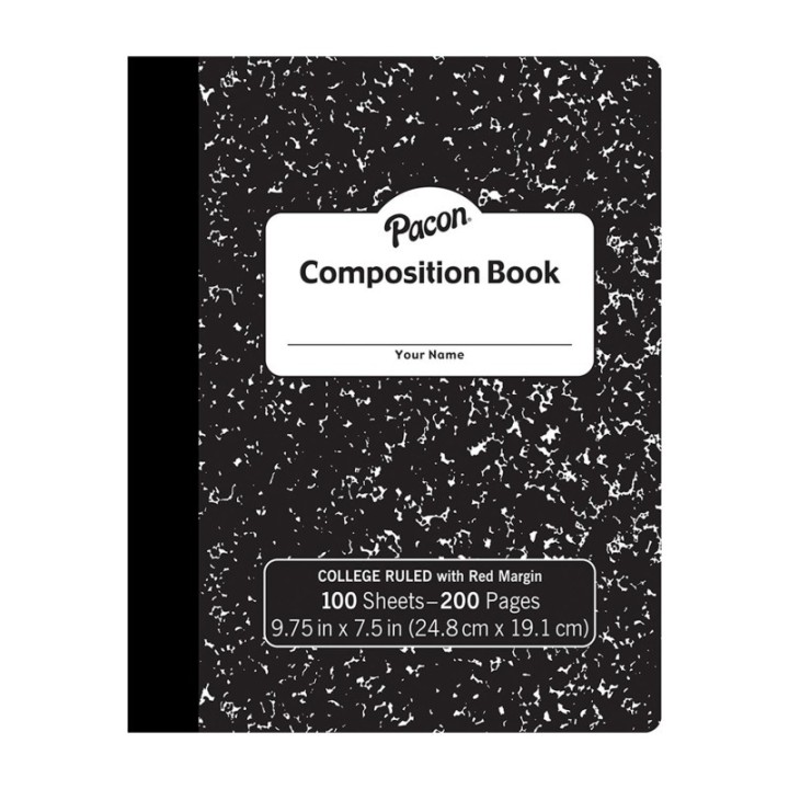 Pacon® Composition Book, Black Marble, 9/32" Ruled w/ Margin, 9-3/4" x 7-1/2", 100 Sheets