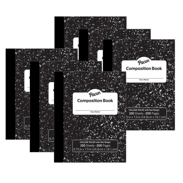 Pacon® Composition Book, Black Marble, 9/32" Ruled w/ Margin, 9-3/4" x 7-1/2", 100 Sheets, Pack of 6
