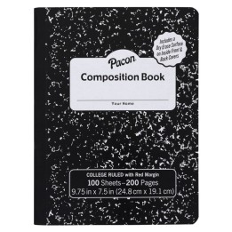 Pacon® Composition Book, Black Marble, 9/32 in ruling with red margin 9-3/4" x 7-1/2", 100 Sheets