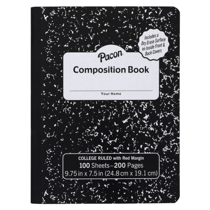 Pacon® Composition Book, Black Marble, 9/32 in ruling with red margin 9-3/4" x 7-1/2", 100 Sheets