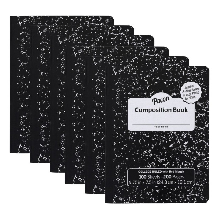 Pacon® Composition Book, Black Marble, 9/32 in ruling with red margin 9-3/4" x 7-1/2", 100 Sheets, Pack of 6