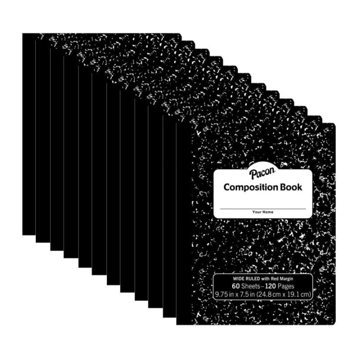 Pacon® Composition Book, Black Marble, 3/8" Ruled w/Margin, 9-3/4" x 7-1/2", 60 Sheets, Pack of 12