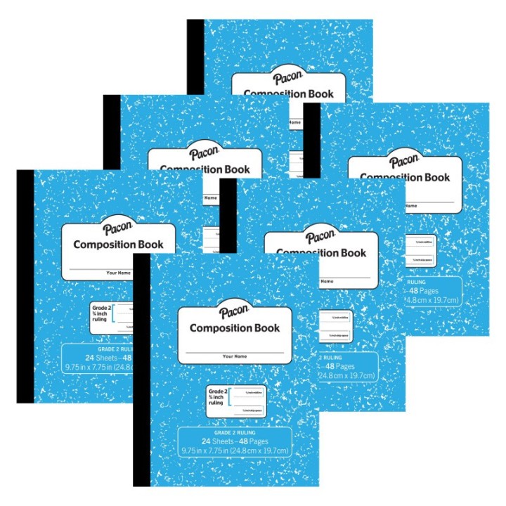 Pacon® Composition Book, Grade 2, Blue Marble, 3/4" x 3/8" x 3/8" Ruled, 9-3/4" x 7-3/4", 24 Sheets, Pack of 6