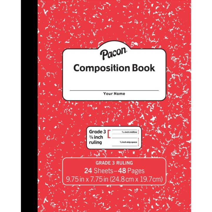 Pacon® Composition Book, Grade 3, Red Marble, 3/8" x 3/16" x 3/16" Ruled, 9-3/4" x 7-3/4", 24 Sheets