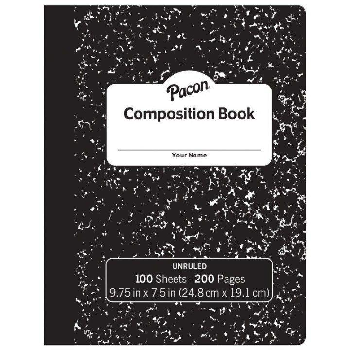 Pacon® Composition Book, Black Marble, Unruled 9-3/4" x 7-1/2", 100 Sheets