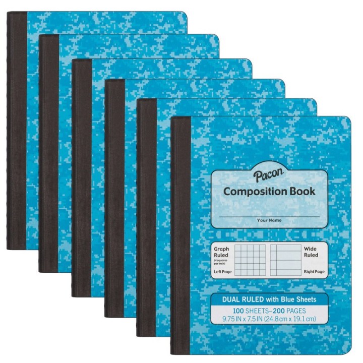 Pacon® Dual Ruled Composition Book, Blue, 1/4" Grid & 3/8" Wide Ruled, 9-3/4" x 7-1/2", 100 Sheets, Pack of 12