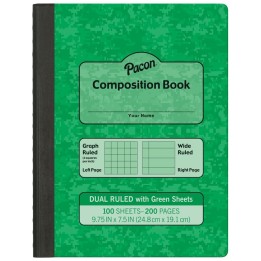 Pacon® Dual Ruled Composition Book, Green, 1/4 in grid and 3/8 in (wide) 9-3/4" x 7-1/2", 100 Sheets