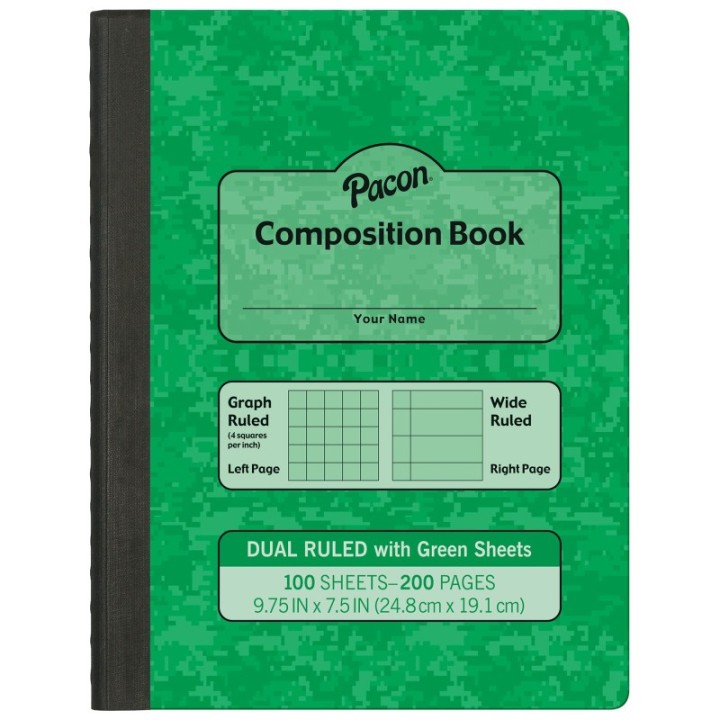 Pacon® Dual Ruled Composition Book, Green, 1/4 in grid and 3/8 in (wide) 9-3/4" x 7-1/2", 100 Sheets