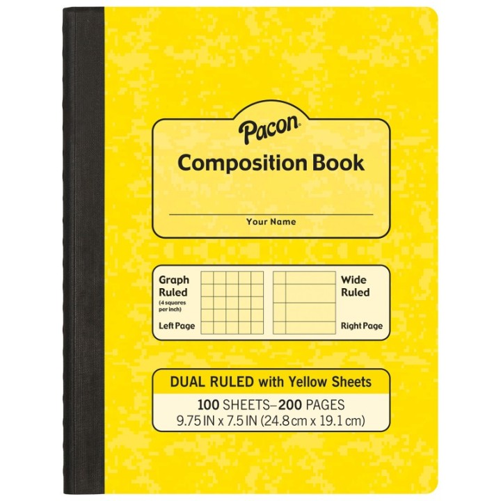 Pacon® Dual Ruled Composition Book, Yellow, 1/4 in grid and 3/8 in (wide) 9-3/4" x 7-1/2", 100 Sheets