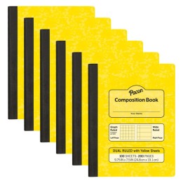 Pacon® Dual Ruled Composition Book, Yellow, 1/4 in grid and 3/8 in (wide) 9-3/4" x 7-1/2", 100 Sheets, Pack of 6