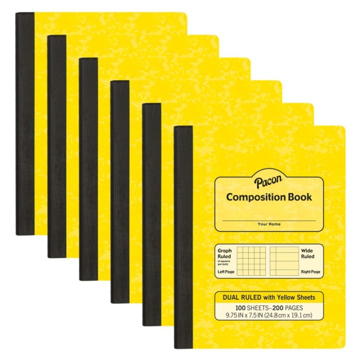 Pacon® Dual Ruled Composition Book, Yellow, 1/4 in grid and 3/8 in (wide) 9-3/4" x 7-1/2", 100 Sheets, Pack of 6