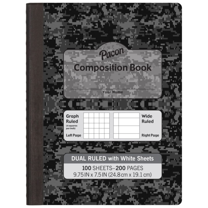 Pacon® Dual Ruled Composition Book, Dark Gray Marble, 1/4" Grid & 3/8" Wide Ruled, 9-3/4" x 7-1/2", 100 Sheets