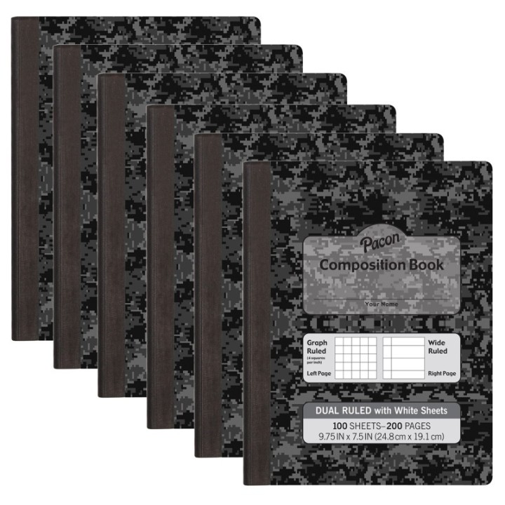Pacon® Dual Ruled Composition Book, Dark Gray Marble, 1/4" Grid & 3/8" Wide Ruled, 9-3/4" x 7-1/2", 100 Sheets, Pack of 6