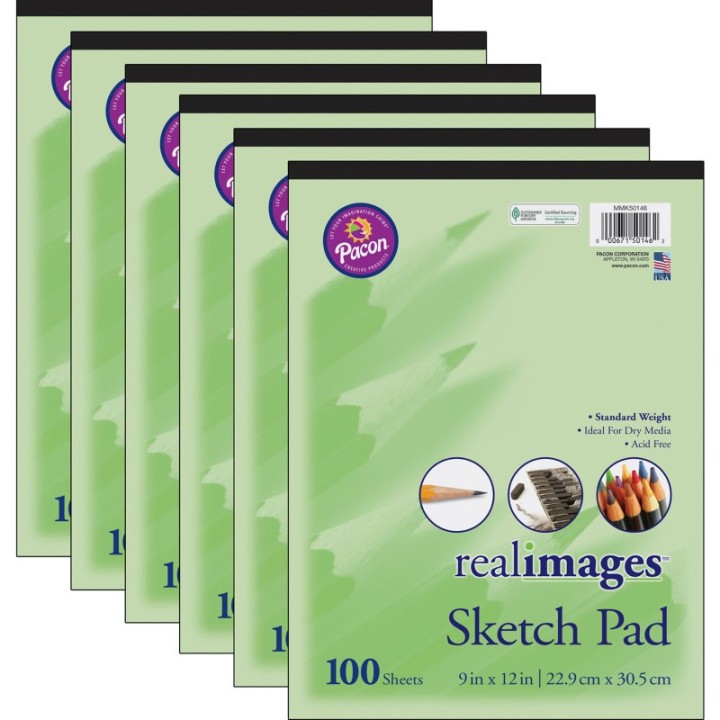 Real Images™ Sketch Pad, Standard Weight, 9" x 12", 100 Sheets, Pack of 6