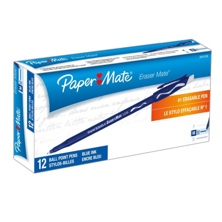 Paper Mate® Eraser Mate® Erasable Pen, Medium Point, Blue, 12 Count