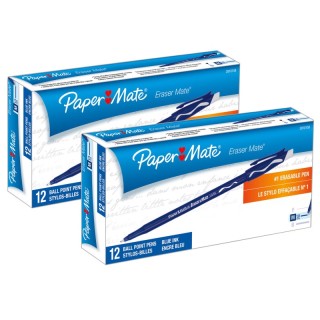 Paper Mate® Eraser Mate® Erasable Pen, Medium Point, Blue, 12 Per Pack, 2 Packs